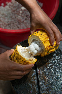 High angle view of person preparing food