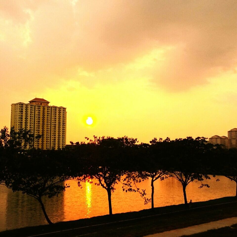 sunset, sky, building exterior, architecture, built structure, tree, orange color, city, cloud - sky, growth, nature, water, cloud, sunlight, beauty in nature, outdoors, sun, scenics, no people, silhouette