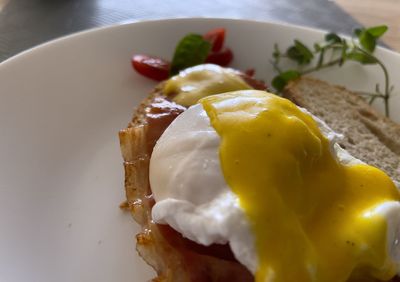 Close-up of breakfast served in plate