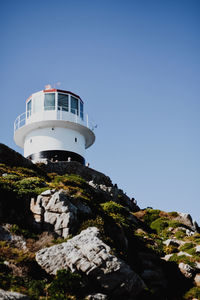 Low angle view of lighthouse against clear sky