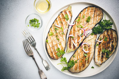 High angle view of food in plate on table