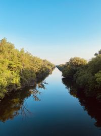 Scenic view of lake against clear blue sky