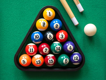 Close-up of pool balls on table
