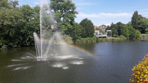 Fountain with buildings in background