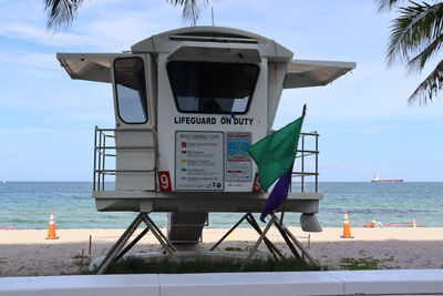 Lifeguard hut on beach against sky