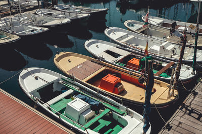 High angle view of boats moored in water