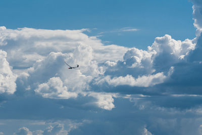 A small motor plane in front of giant clouds 
