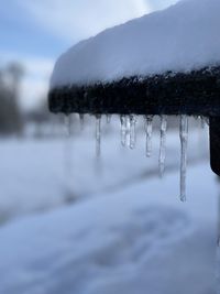 Close-up of icicles on roof against sky during winter