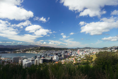 Aerial view of townscape against sky