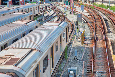 High angle view of train at railroad station