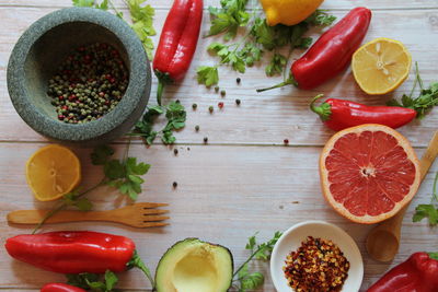 Directly above shot of fruits and vegetables on table