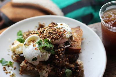 Close-up of breakfast served on table