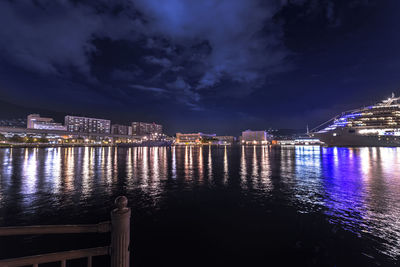 Illuminated buildings by river against sky at night