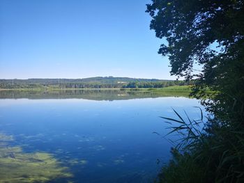 Scenic view of lake against clear blue sky