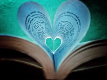 Close-up of heart shape on book