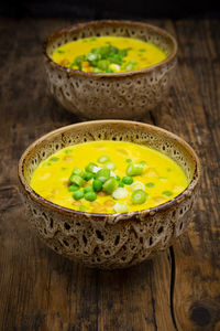 High angle view of soup in bowl on table