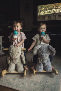 Portrait of toddler twin girls on rocking animals while drinking mil