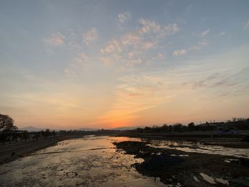 Scenic view of beach against sky during sunset