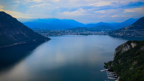 Scenic view of lake and mountains against sky