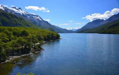 Scenic view of lake and mountains against sky