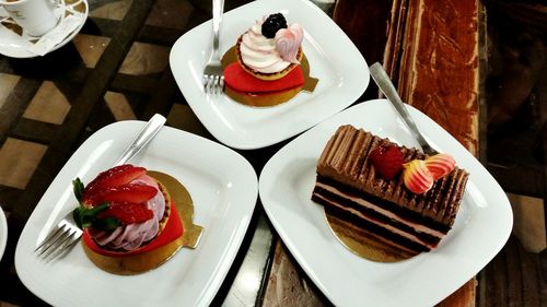 High angle view of dessert served on table