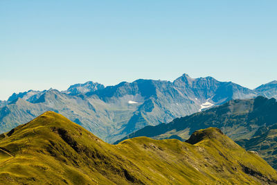 Scenic view of mountains against clear blue sky