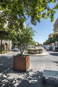 Footpath by street in city against sky