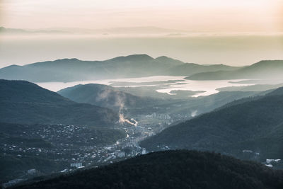 High angle view of mountain range against sky