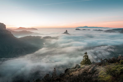 Scenic view of mountains against sky during sunset