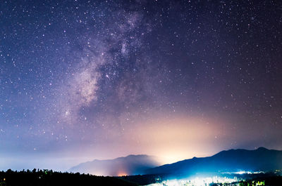 Scenic view of mountains against sky at night