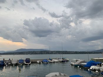 Sailboats moored at harbor