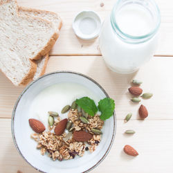 High angle view of breakfast served on table