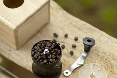 High angle view of roasted coffee beans on table