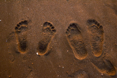 High angle view of footprints on wet sand