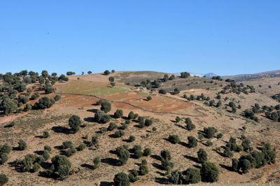 Scenic view of desert against clear blue sky