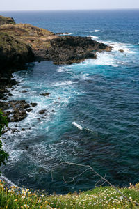 High angle view of sea shore against sky