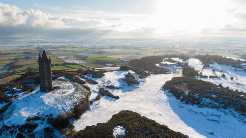 Aerial view of snowcapped landscape against sky