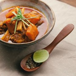 High angle view of food in bowl on table