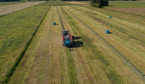 High angle view of people walking on field