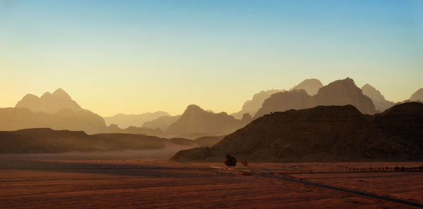 Scenic view of desert against sky during sunset