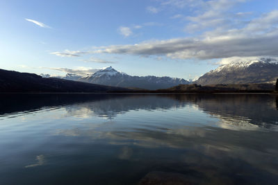 Scenic view of lake and snowcapped mountains against sky