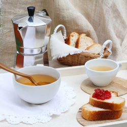 Close-up of breakfast and coffee on table