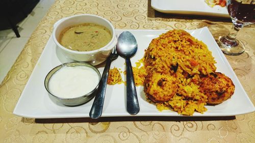 High angle view of food in plate on table