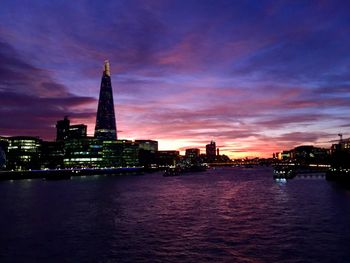 View of city at waterfront during sunset