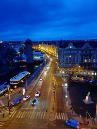 High angle view of traffic on city street at night