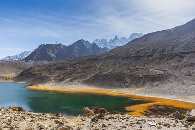 Scenic view of lake by mountains against sky