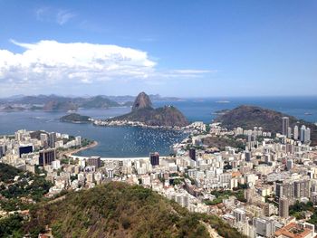 Scenic view of sea with cityscape in background