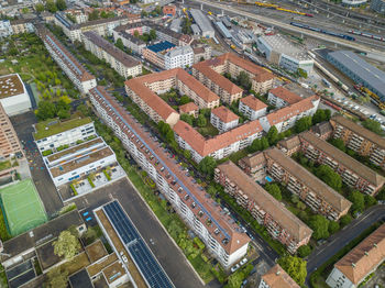 High angle view of buildings in city