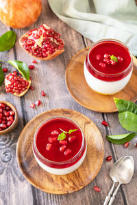 Winter delicious italian dessert panna cotta with pomegranate jelly and mint, homemade cuisine.