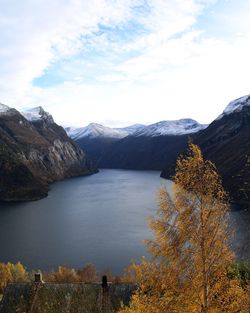 Scenic view of lake and mountains against sky